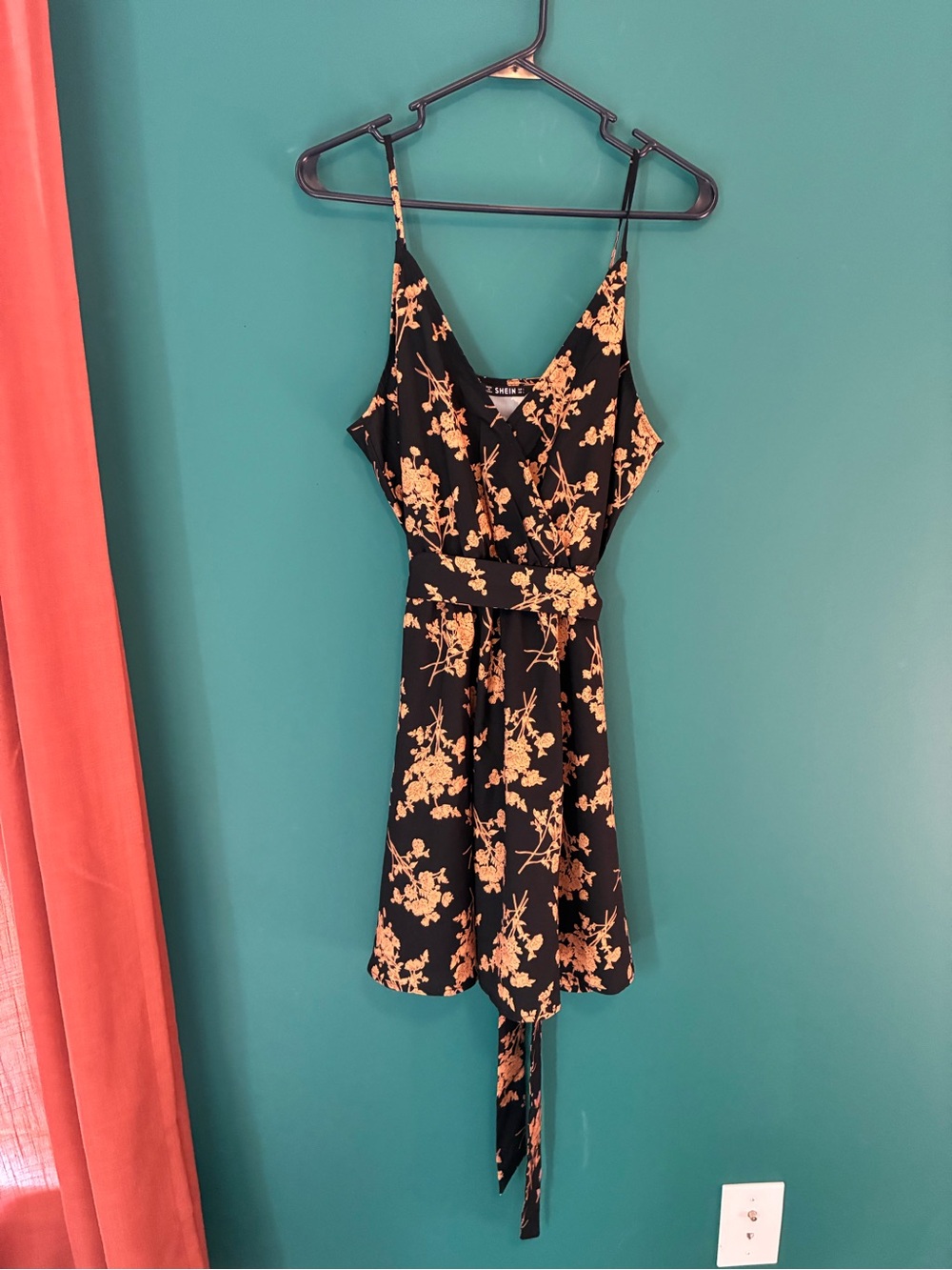 SHEIN Black Mini Slip Dress with Tan Floral Print